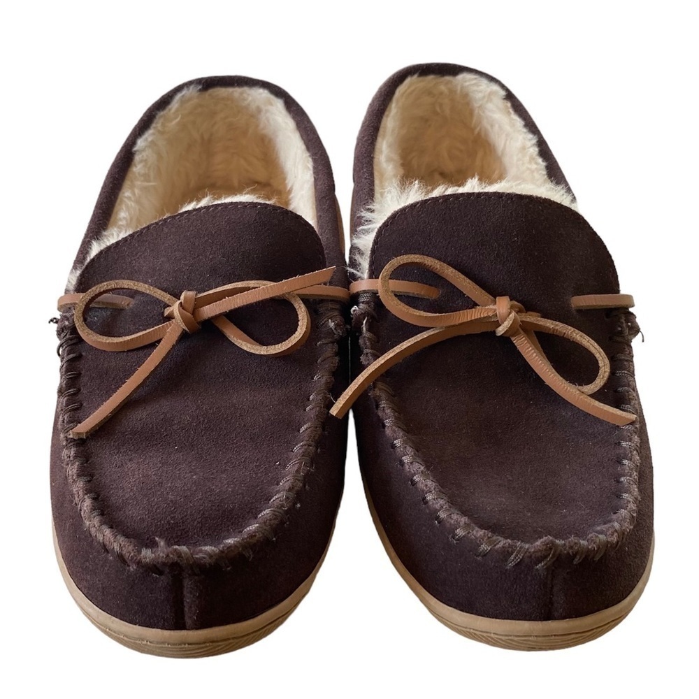 J CREW Suede Moccasin Slippers, Sherpa Fleece, Expresso Brown, Men's Siz…